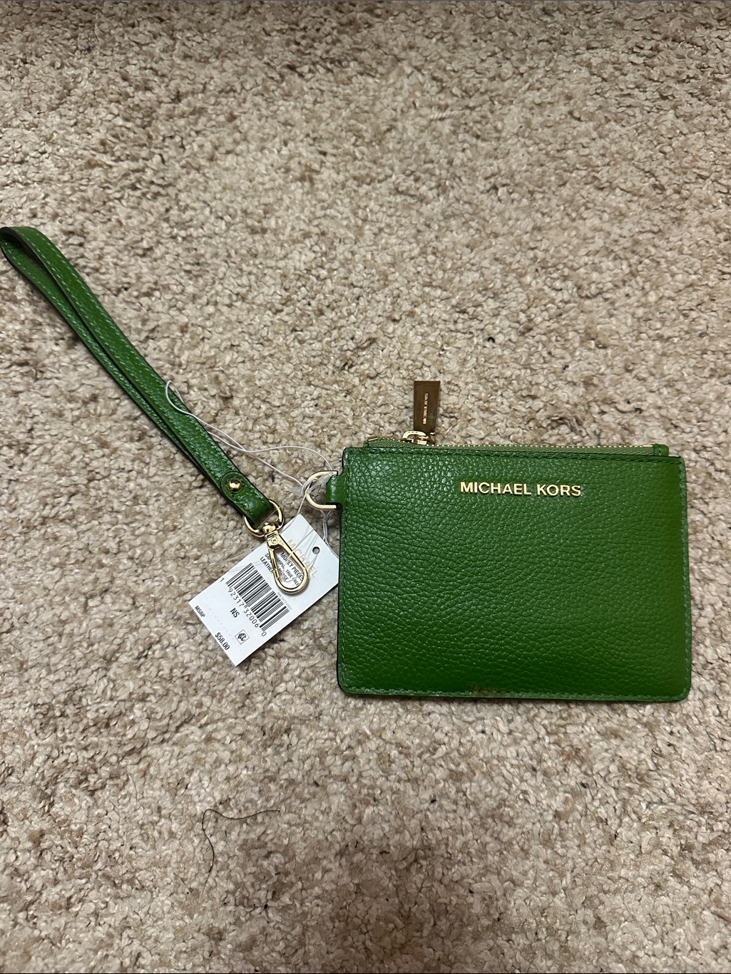 Michael Kors Green Leather Wristlet Card Holder With Gold Logo